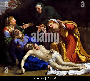 Der tote Christus trauerte (die drei Marien) 1604 Annibale Carracci 1560 - 1609 Italien Italienisch ( Christus ruht auf dem Schoß der Jungfrau. Die Heilige Maria Magdalena ist wahrscheinlich die markante kniende Figur auf der rechten Seite. ) Stockfoto