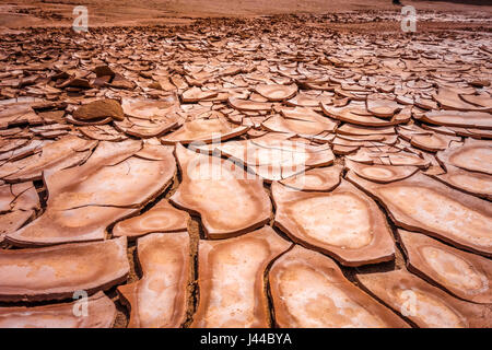 Boden-Detail im Valle De La Muerte Wüste, San Pedro de Atacama, Chile geknackt Stockfoto