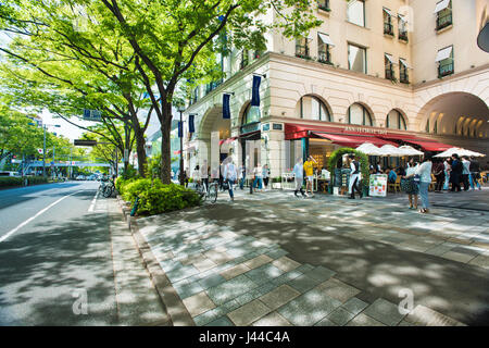 Omotesando Einkaufsstraße zeigt die Anniversaire Gebäude und Café in Tokio, Japan Stockfoto