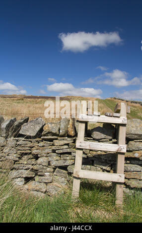 Hölzernen Stil über Trockenmauer, Northumberland Stockfoto