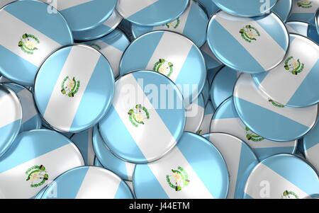 Guatemala Abzeichen Hintergrund - Haufen von Guatemala Flagge Buttons. 3D Rendering Stockfoto