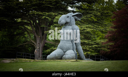 "Lady Hasen sitzen" Skulptur von zeitgenössischen Künstler Sophie Ryder bei der Yorkshire Sculpture Park nr Wakefield, West Yorkshire, Großbritannien. 7. Mai 2017 Stockfoto