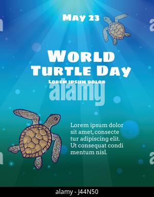 23. Mai Welttag der Schildkröte. Unterwasser-Meer-Szene mit Sonnenlicht durchscheinen Wasseroberfläche und zwei Meeresschildkröten Stock Vektor