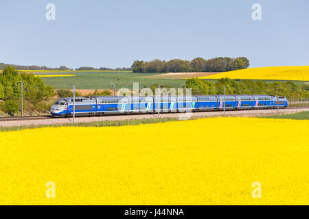 TGV Duplex mit Hight Geschwindigkeit in Yonne, Frankreich Stockfoto