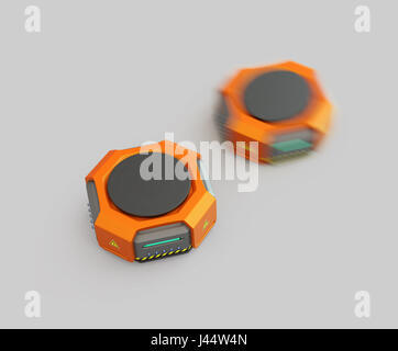 Orange Lager Roboter auf grauem Hintergrund. 3D-Rendering Bild. Stockfoto