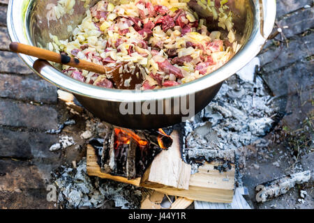 Kochen am Feuer im Freien. Gulasch oder Eintopf im Freien in gusseisernen Kessel kochen. Stockfoto