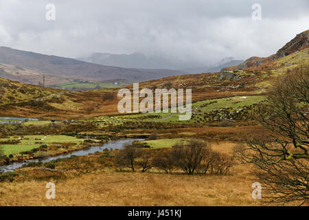 Blick auf die Nantygwryd und Snowdon von Capel Curig Stockfoto