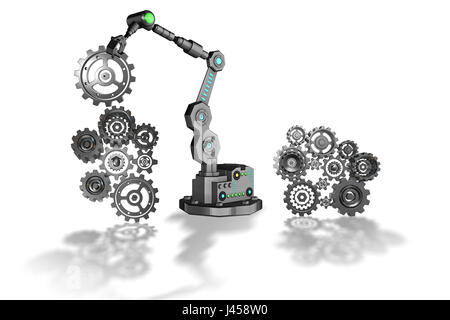 Roboter, die Zahnräder in Verbindung setzen Stockfoto