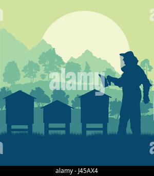 Imker mit Bienen und Nesselsucht Vektor Landschaft mit Bäumen im Hintergrund arbeiten Stock Vektor