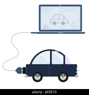 Auto mit einem Notebook über ein USB-Kabel verbunden. Gliederung des Busses und Grafiken auf dem Computermonitor angezeigt wird. Flaches Design. Isoliert. Stock Vektor