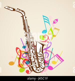 Zusammenfassung Hintergrund mit Saxophon und Noten Stockfoto