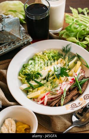 Traditionelle russische Sommer kalte Suppe Okroschka mit Kefir und Kwas Portionsgröße in Schüssel geben und die Zutaten auf Holztisch Stockfoto