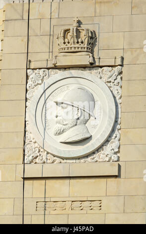 Detail des The Arch of Triumph (Arcul de Triumf) aus Bukarest Rumänien, König Ferdinand. Stockfoto