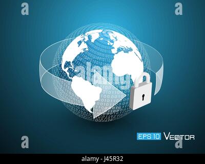 Sicherheit Datendesign, Illustration eps10 Vektorgrafik. einschließlich der Kugel mit Weltkarte, Binärcode, Pfeil, Schloss und blaue Farbe. Verwendet einen Clipping-ma Stock Vektor
