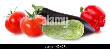 Frisches Gemüse Auberginen, Knochenmark, Tomaten und Paprika, die isoliert auf weißem Hintergrund Stockfoto