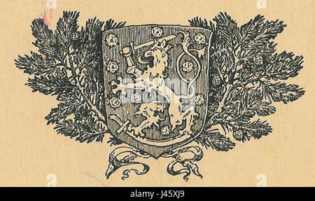 Das nationale Wappen Finnlands ist ein Symbol des finnischen Staates und repräsentiert nationale Identität, Geschichte und Erbe. Es zeigt einen Löwen, der ein Schwert hält, der auf einem Schild steht. Stockfoto