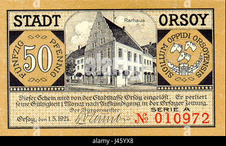 Dieses Bild zeigt ein Notgeld des Orsoy Rathaus, eine Form der Notwährung, die während der Weimarer Republik in Deutschland verwendet wurde. Notgeld wurde häufig in Regionen mit Inflation und wirtschaftlicher Instabilität eingesetzt. Stockfoto