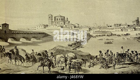 Dieses historische Bild zeigt die Überquerung des Tessins durch die österreichische Armee im Jahre 1849 während der italienischen Unabhängigkeitskriege. Die Bewegung der Armee war ein Schlüsselereignis in den damaligen Feldzügen und trug zu den größeren Konflikten in Italien bei. Stockfoto