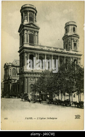 L'Eglise St. Sulpice in Paris ist eine historische Kirche im 6. Arrondissement. Bekannt für ihre neoklassizistische Architektur, ist die Kirche ein wichtiges Wahrzeichen der Stadt, berühmt für ihr großes Inneres und den einzigartigen Beitrag ihrer zwei Türme. Stockfoto