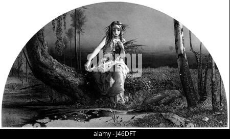 Ophelia, ein Gemälde von John Everett Millais, das 1873 fertiggestellt wurde, ist ein Schlüsselwerk der präraffaelistischen Bewegung. Es zeigt die tragische Figur aus Shakespeares „Hamlet“, die ihren Tod durch Ertrinken in einem Fluss veranschaulicht. Das Werk ist bekannt für seine Detailtreue, emotionale Tiefe und lebendige Farbe. Stockfoto