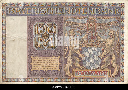 Notgeld bezieht sich auf Notgeld, das in Deutschland ausgegeben wird, insbesondere in Bayern in Zeiten von Inflation oder Finanzkrise. Diese Note stellt wahrscheinlich ein bestimmtes Stück Notgeld aus Bayern dar. Stockfoto
