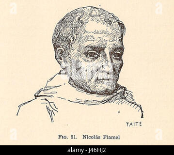 Nicolas Flamel war eine historische Persönlichkeit in Frankreich, bekannt für seine Arbeit als Schriftsteller und Manuskriptverkäufer und seine Verbindung mit der Alchemie und dem Stein des Philosophen. Stockfoto