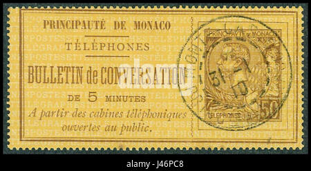 Monaco ca. 1892 50c Telefon Stempel verwendet, 1910 Stockfoto