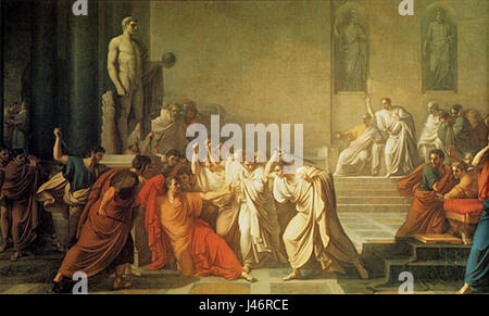 Der „Mord an Cäsar“ bezieht sich auf das historische Ereignis im Jahr 44 v. Chr., als der römische Diktator Julius Cäsar von einer Gruppe von Verschwörern, darunter Brutus und Cassius, ermordet wurde. Dieser entscheidende Moment in der römischen Geschichte markierte das Ende der Römischen Republik und führte zum Aufstieg des Römischen Reiches. Stockfoto