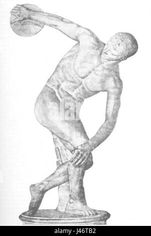 Myron war ein altgriechischer Bildhauer, berühmt für seine Werke, die Athleten und Götter auf realistische und idealisierte Weise darstellten. Sein berühmtestes Werk, „Discobolus“, ist eine Darstellung der sportlichen menschlichen Form in Aktion. Stockfoto