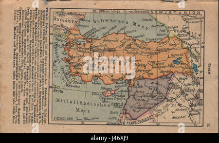 Eine alte deutsche Karte der Türkei, wahrscheinlich aus dem 18. Oder 19. Jahrhundert, die eine historische Darstellung des Osmanischen Reiches und seiner damaligen territorialen Ausdehnung bietet. Stockfoto