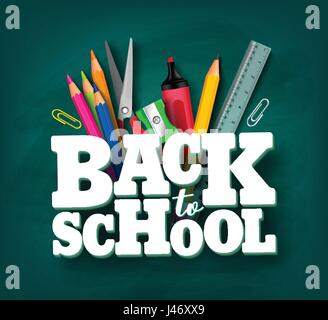 Zurück zu Schule-Vektor-Design mit 3d Titel und Schule Elemente und Elemente im grünen Tafel Hintergrund. Vektor-Illustration. Stock Vektor