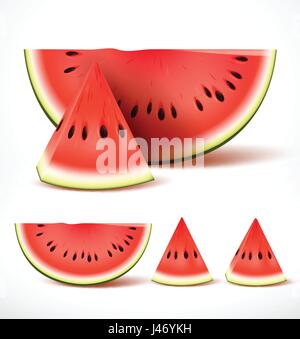 Satz von geschnittenen Reife rote Wassermelone in 3d realistisch detaillierte Vektor in weißen Hintergrund isoliert. Vektor-Illustration. Stock Vektor