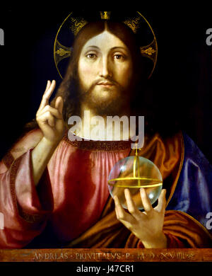 Salvator Mundi 1519 von Andrea Previtali 1480-1528 Italien Italienisch (das Bild der "Salvator Mundi" (Retter der Welt) war beliebt in Venedig und hier Christus wird angezeigt mit einem Kristall-Kugel als Symbol der königlichen Herrschaft.  ) Stockfoto