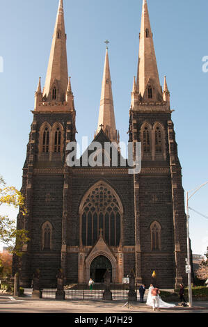 Hochzeitsgesellschaft posiert für Fotos an St. Patricks Kathedrale (1897) Melbourne, Australien, Stockfoto