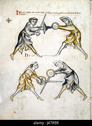 „Ms I33 fol 22v“ bezieht sich auf eine Seite aus dem mittelalterlichen Manuskript „ms I33“, das Lehren der Kampfkunst enthält. Dieses spezielle Folio zeigt Techniken aus dem historischen Fechten und veranschaulicht die reiche Tradition der europäischen Kampfkunst. Stockfoto