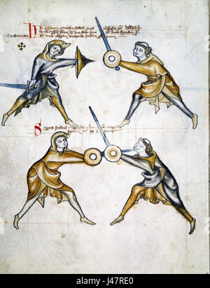 Eine Seite aus *Frau I33*, einer bekannten mittelalterlichen Handschrift über Fechten und Kampfkunst. Folio 27v enthält Illustrationen und Anleitungen zu den Techniken der historischen europäischen Kampfkunst, die sich auf Schwertkämpfe konzentrieren. Stockfoto