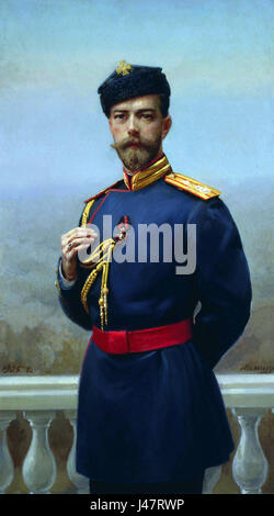 Dieses Bild zeigt Nikolaus II., den letzten Zaren Russlands, der den St.-Wladimir-Orden trägt, eine der höchsten Auszeichnungen im Russischen Reich. Der Orden symbolisiert den kaiserlichen Status des Zaren und seine Verbindung zur russisch-orthodoxen Kirche. Stockfoto