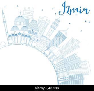 Umriss Izmir mit blauen Gebäuden und textfreiraum Skyline. Vektor-Illustration. Geschäftsreisen und Tourismus-Konzept mit moderner Architektur. Stock Vektor