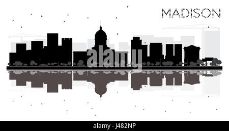 Madison Skyline der Stadt schwarze und weiße Silhouette mit Reflexionen. Vector Illustration. einfache flache Konzept für Tourismus Präsentation, Banner, Plakat Stock Vektor