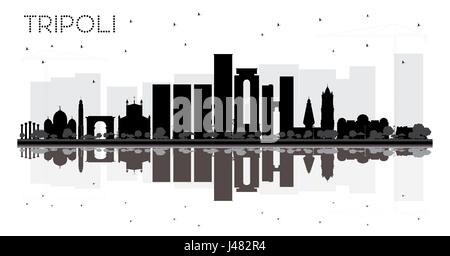 Tripoli City Skyline schwarze und weiße Silhouette mit Reflexionen. Vector Illustration. Stock Vektor