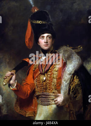 Leutnant Charles Stewart, 3. Marquess of Londonderry 1814 von Lawrence, Sir Thomas 1769-1830 UK Vereinigtes Königreich England englische britische Großbritannien (Lawrence lebhaft erinnert an sein Thema Dienst als Kavallerieoffizier in Spanien Kampf gegen Napoleons Truppen. Das gold kürzen von seiner Husaren uniform glänzt gegen den dunklen, rauchigen Himmel. ) Stockfoto