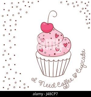 Muffin und Text ich brauche Kaffee Cupcake. Vektor-Illustration. Design für Menü, Banner, Karte, Bäckerei Stock Vektor