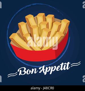 Pommes frites in Pappschachtel, isoliert. Vektor-Illustration, flaches Design mit langen Schatten. Pommes-frites-Fast-Food in einem roten Paket. Stock Vektor