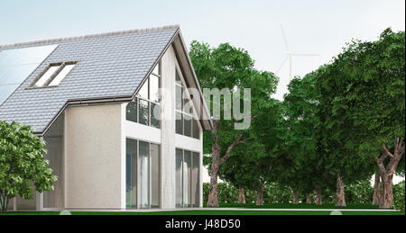 Ökologisches Haus mit Sonnenkollektoren, 3d Rendern Stockfoto