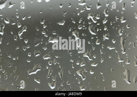 Wassertropfen und Wasserläufe auf Glas Stockfoto