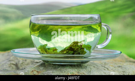 Green Tea-Time. Grüner Tee Blätter am unteren Rand der Tasse. Heißen Tee. Grüner Tee vor dem Hintergrund der Berge. Stockfoto