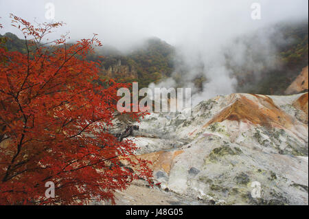 Noboribetsu Jigokudani steigt Dampf vom aktiven Vulkan in Shikotsu-Toya-Nationalpark in Japan Stockfoto