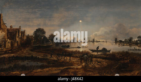 Aert van der Neer River View im Mondlicht Stockfoto