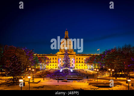 Alberta Legislature beleuchtete Gebäude und einen Weihnachtsbaum mit bunten Lichter an den Bäumen für die Dekoration zur Weihnachtszeit Stockfoto