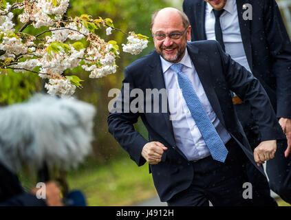 Pasewalk, Deutschland. 10. Mai 2017. Kandidat der SPD für Kanzler und Partei Vorsitzender Martin Schulz kommt für einen Besuch in der "Cura Seniorencentrum" Gärtnerei in Pasewalk, Deutschland, 10. Mai 2017. Schulz möchte über die Entwicklung im Nordosten bei Besuchen in Pasewalk und Rostock erlernen. Foto: Jens Büttner/Dpa-Zentralbild/Dpa/Alamy Live News Stockfoto